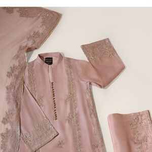 Pink Agha Noor 3 pice Dress wide leg Trouser Beautiful work Size L preowned